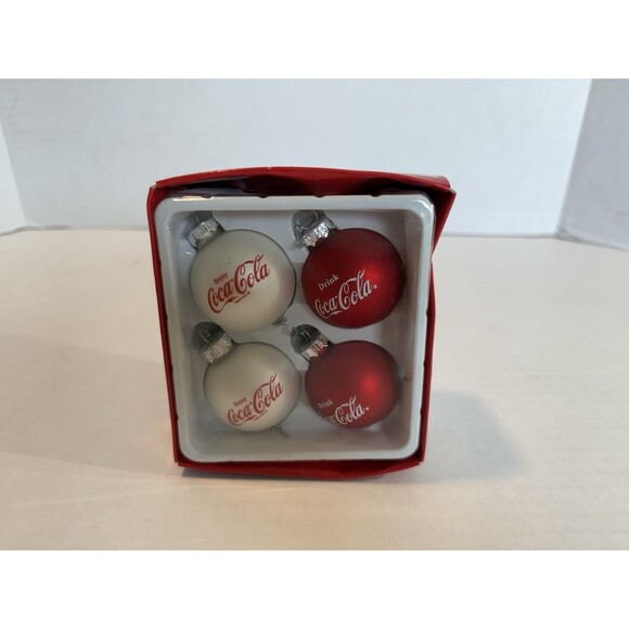 Coca-Cola 4 Glass Ball Holiday Ornaments In A Box Collectors Item White & Red - Picture 1 of 3